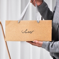 Sac cadeau en papier long de luxe fait main sur mesure avec poignée en ruban, emballage pliable pour vin, chocolat, pâtisserie, cadeau de mariage
