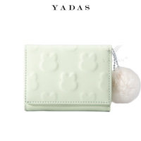 Dompet Lipat Tiga Mini Kelinci Kawaii dengan Gantungan Pom Pom Bulu, Tempat Kartu Kulit PU, Dompet Koin Saku Kecil Lucu untuk Remaja Putri
