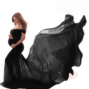 ベビーシャワー妊娠中のイブニングドレスの写真撮影マタニティガウンのためのディープVロングマタニティウェディングドレス