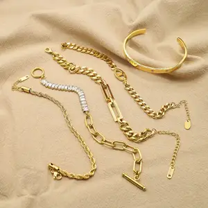 Pvd-cadena de eslabones para tenis, brazalete de acero inoxidable chapado en oro, Circonia cúbica verde, serpiente, mariposa, delicada