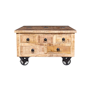 Table basse moderne en bois de manguier massif, fabriquée en Inde, bleu océan, pour salon, avec 3 tiroirs petits et 2 grands, roulettes métalliques, meubles de salon - Product Image 1