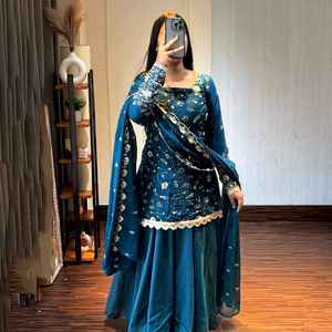 IndoWeaves <b>Women</b> Blue Embroidered Silk Sharara <b>Suit</b> Dupatta Traditional <b>Wedding</b> Wear India Pakistan Style Regular Fit Quick Dry - Product Image 1