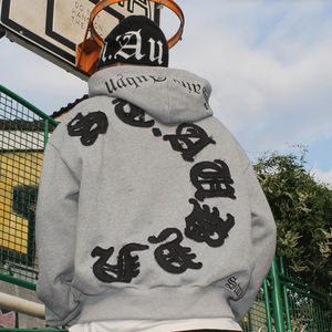 Custom Chenille Embroidered <strong>Patches</strong> Graphic Logo No String Heavyweight Distressed Vintage Acid Washed Zip up <strong>Hoodie</strong> Streetwear - Product Image 1