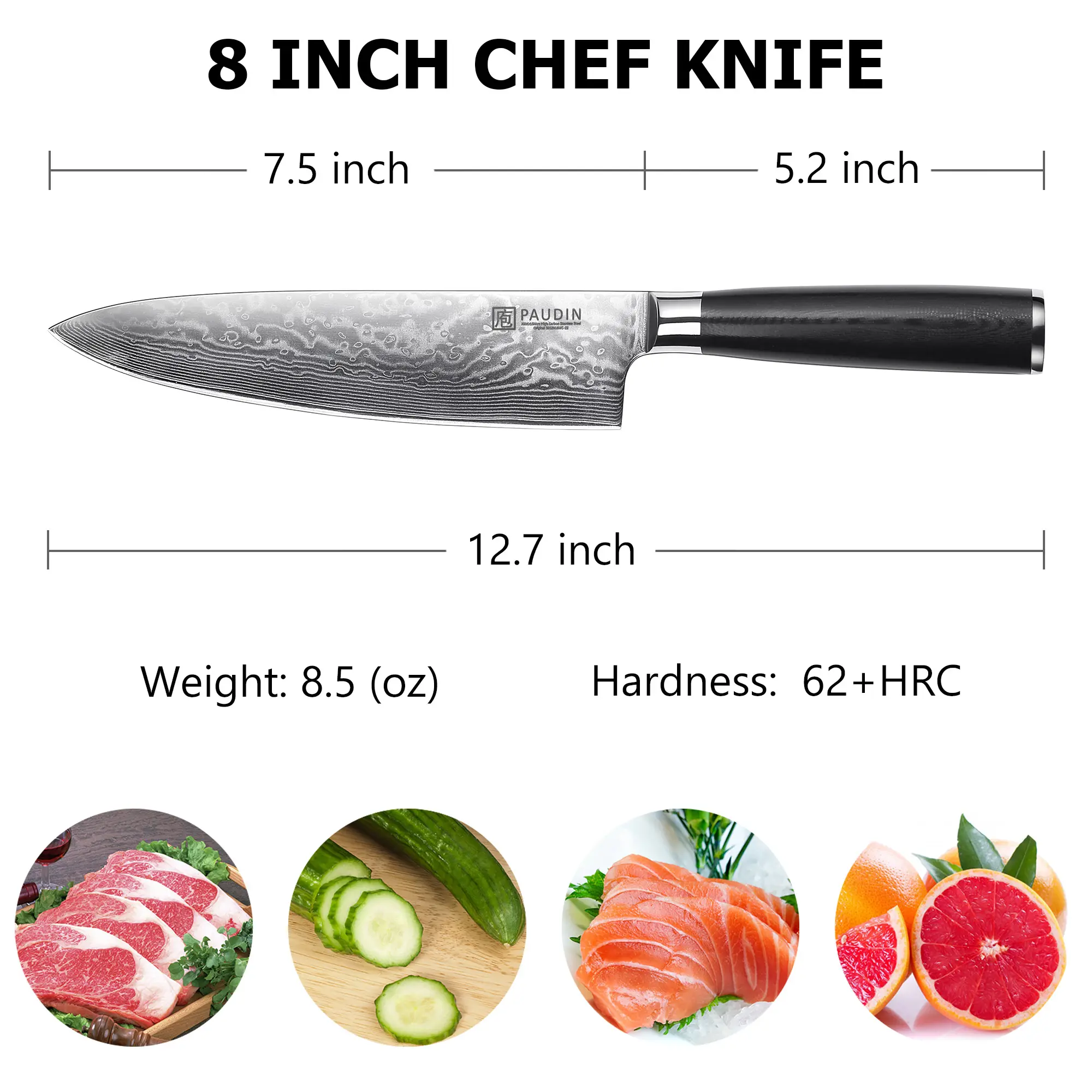プロのシェフナイフ8インチダマスカスパターンキッチンナイフ最高品質のカスタム手作りダマスカスシェフナイフ