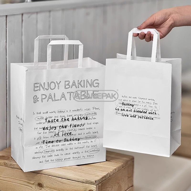 Custom Kraft Paper Bag with Flat Handles for Shopping Fast Food restaurants Bakery bread Dessert Takeouts bag packaging