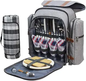 OuweiファクトリートラベルISOサーマルクーラーワインホルダー4人用ピクニックバックパック屋外食器バッグ