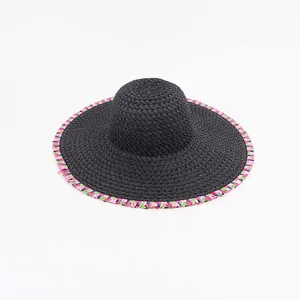 Wholesale Factory Supply Wide Brim Sun Shade Straw Hat For Beach Casual Bosnia UV Protection Tropical Straw Cap With Tassels