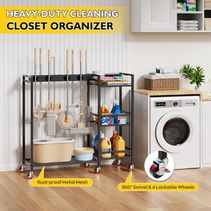 Carrello Porta Scopa Mobile in Metallo Antiruggine con Porta Mop e Ruote per Organizzazione Armadi - Product Image 6