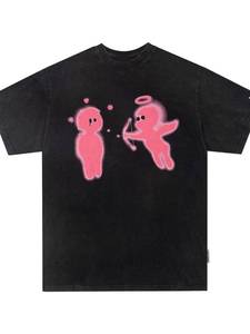 เสื้อยืดลายวินเทจผู้ชายวัมแทคผ้าฝ้ายทรงหลวมคอกลมแขนสั้นสวมใส่สบายดีไซน์สีชมพูขาว - Product Image 1