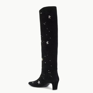 Winter Low Chunky Heels Square Toe Shoes Suede Diamonds Flowers <b>Boots</b> Women's on Knee High Booties - Product Image 2