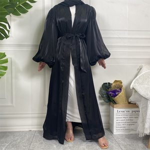 Abaya Abierta de Organza Brillante OEM ODM, Elegante Kaftán Musulmán con Mangas Abullonadas y Cinturón, Abaya Exterior Modesta para Mujer para Festivales (1941) - Product Image 6