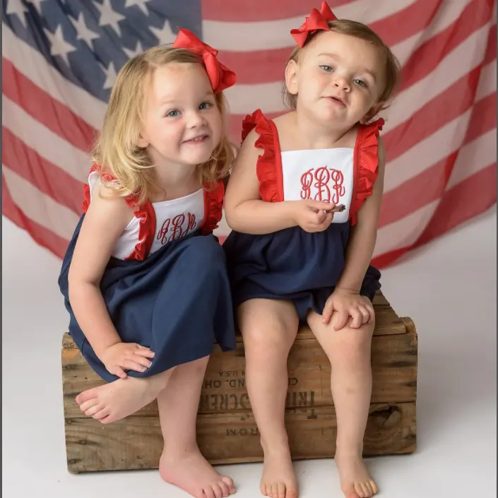 Traje patriótico para niñas, vestido de burbuja con monograma, traje de sol personalizado, ropa para bebé, 4 de julio