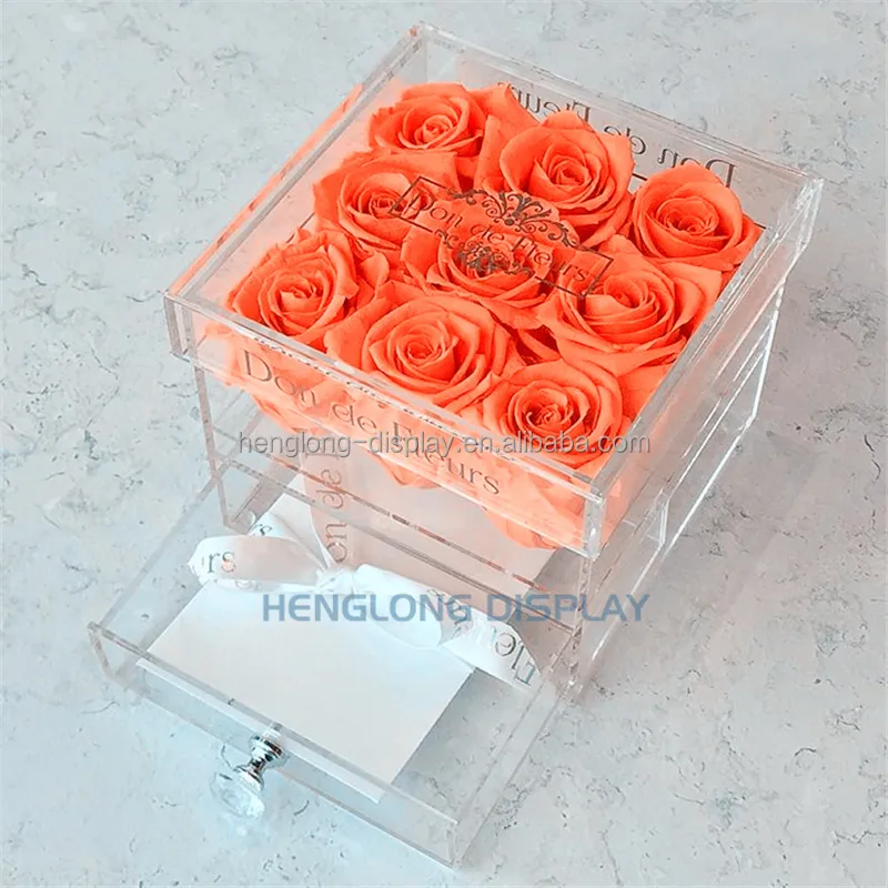 Caixa de acrílico floral elegante, caixa de flor acrílica com gaveta