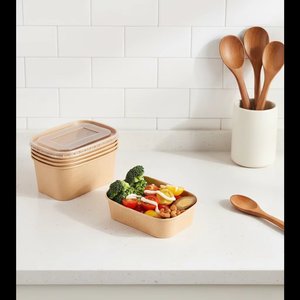 Recipientes de Papel Kraft Biodegradáveis em Lote Prontos para Uso, Tigelas de Salada Descartáveis com Tampa de PP Pet, Portáteis e Auto-Erectáveis - Product Image 3