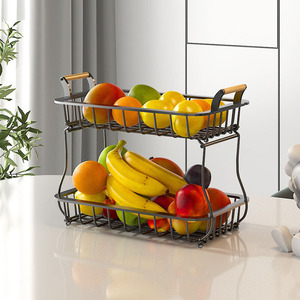 Étagère à fruits double couche BNM en fer avec poignées en bois, panier de rangement multifonctionnel pour comptoir de cuisine - Product Image 1