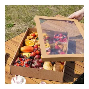 N bulk-caja de papel Kraft con divisor de tapas y ventana para catering, embalaje marrón para tartas y pastelería, 110GSM (flauta F)