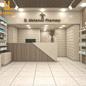 Pharmacy Drawer Counter Design Wall Mounted Medical Store Plywood Display Shelf