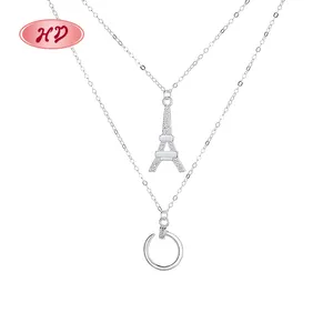 Fashionable Supplier 925 Stainless Steel Double Layer Eiffel Tower Half Round Sterling Silver Pendant Necklace Cubic Zirconia