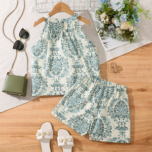 Conjuntos de Ropa de Verano para Adolescentes de 8 a 12 Años, Venta al por Mayor, Chaleco sin Mangas con Estampado Vintage y Pantalones Cortos, 2 Piezas, Ropa para Niñas - Product Image 3