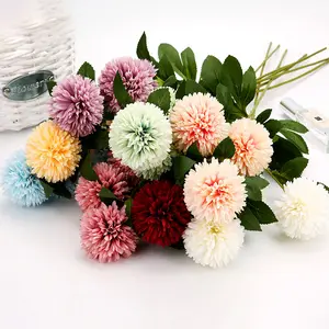 DIY Floral Arranging Art Silk Flowers Pompon Ball Artificial Chrysanthemum With Stem And Green Leaves