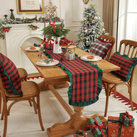 Chemin de table de Noël style américain en polyester-coton, à motif géométrique, avec bordure en dentelle à volants, lavable, pour la maison