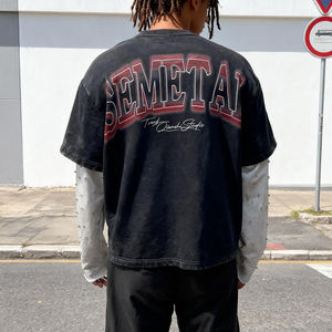 T-shirt en coton streetwear hip hop avec strass, t-shirt surdimensionné à effet délavé, t-shirt à manches longues double couche pour hommes - Product Image 3