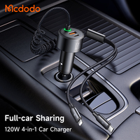 Chargeur de voiture rapide Mcdodo 037 à quatre sorties 120W, chargeur rapide 120W PD PPS QC en voiture avec câble à ressort LED pour iPhone, ordinateur portable USB-C