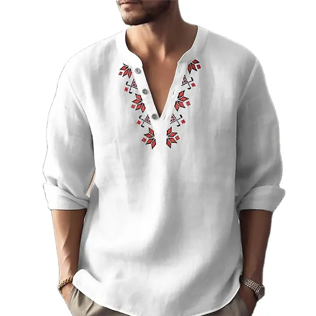 Men's Shirt Linen Shirts Stand Collar Graphic Prints Geometry White Pink Blue Khaki Outdoor Street Print Long Sleeve Clothing