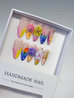 Uñas Acrílicas Postizas Hechas a Mano con Flores 3D Coloridas, Uñas Almendradas con Degradado Arcoíris, Decoración con Anillos Metálicos y Dijes de Diamantes de Imitación