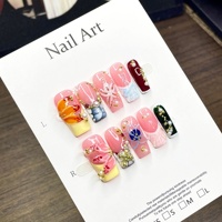 Faux ongles à presser Y2K haut de gamme, faits main, en acrylique, style Ins, motif floral 3D sculpté et peint à la main, colorés