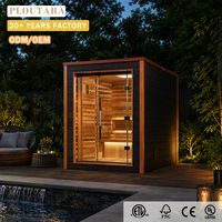Sauna extérieur PLOUTARA pour 2 personnes, revêtement en bois noir, cadre en bois, porte en verre, toit plat, OEM pour villa, jardin, resort, spa