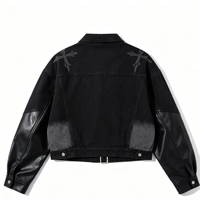 Veste en jean noire personnalisée pour homme avec broderie croisée, manches en cuir PU, effet usé, fabrication OEM