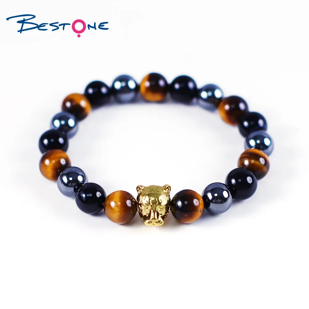 Bestone 10MM Tigereye Black Agate Hematite Round Beads Bracelets With Gold Plated Leopard Charm Gift For Men