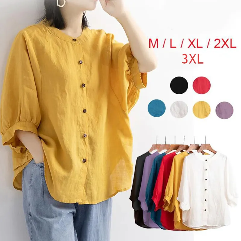 Puff Sleeve Summer Linen Shirts Women Tunics Ladies Loose Vintage Tops Short Sleeve Female Shirt Blouse Casual Tops T Shirts