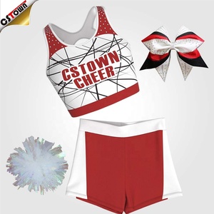 Cổ vũ Áo ngực thể thao trong kho với Rhinestone Thông tin chi tiết và màu đỏ trắng thực hành đồng phục quần short thiết lập - Product Image 3