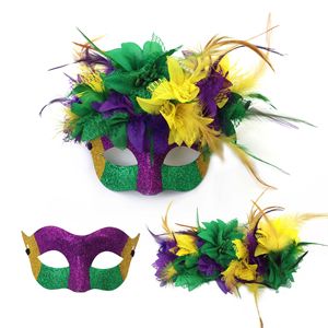 Maschera di Carnevale in Polvere a <span class=keywords><strong>Tre</strong></span> Colori con Piume e Fiori, Mezza Maschera per Occhi, Stile Veneziano Italiano - Product Image 5