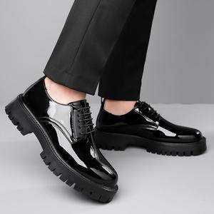 Chaussures Oxford en cuir verni pour hommes, bout rond, à lacets, semelle en caoutchouc, style robuste, respirantes, pour l'automne, décontractées - Product Image 2