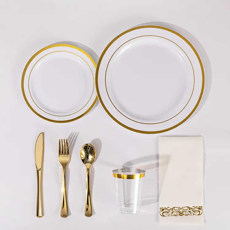 350 Pak Sekali Pakai untuk Pesta Pernikahan Set Piring Makan Plastik Emas