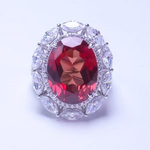 Bague en argent 999 plaqué or 14 carats, motif fleur, tendance, pour femme chrétienne, sertie de zircone cubique rouge ovale 12x16mm, style hip-hop glacé - Product Image 2