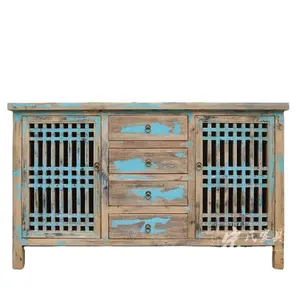 Chinese Solid Mango Wood Vintage Rustic Painted Living Room Storage Furniture