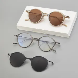 Высококачественные солнцезащитные очки двойного назначения для мужчин и женщин, титановая круглая оправа для защиты глаз при близорукости