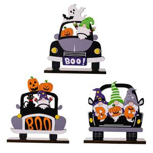 Halloween Decorations <strong>Wooden</strong> Car Figurine Tiny <strong>Pumpkin</strong> BOO Desktop Decor Ghost Display Stand - Product Image 6