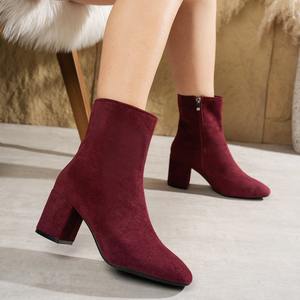 High-heeled short <b>boots</b> mid-calf length 2026 spring new style side zipper large size suede surface thick heel small square toe - Product Image 5