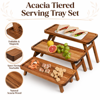 Plateau de service pliable à 3 niveaux en bois d'acacia pour présentation de desserts, charcuterie, fêtes, mariages, Noël