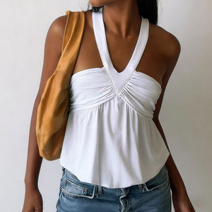 Top décontracté uni à col halter, cintré à la taille, ample, sans bretelles, sexy, dos nu, patchwork, coupe trapèze - Product Image 1