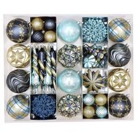 Ventes chaudes - Ensemble de 67 boules de Noël en plastique incassable avec cordons de suspension, bleu et or, pour la décoration de mariage et de la maison