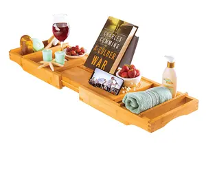 Sampel Gratis Bamboo Bathtub Caddy Coba Caddy Mandi Yang Dapat Diperpanjang dan Tidak Licin dengan Buku/Tablet dan Ide Pemegang Gelas Anggur
