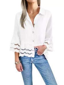 Blusa de Encaje Tejido para Mujer, Estilo Europeo Americano, Corte Holgado Informal, Primavera-Verano, con Mangas Acampanadas <span class=keywords><strong>y</strong></span> Logotipo Frontal - Product Image 6