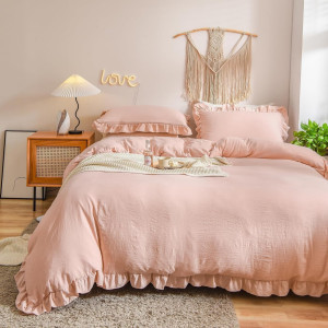 Boman Home Textiles Koreaanse stijl driedelig effenkleurig voorgewassen dekbedovertrekset met geruite kantbies - Product Image 2