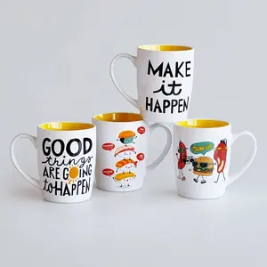 Conjunto de 4pcs 15oz faiança cor sólida caneca de café com decalque amarelo brilhante dentro branco fora barriga forma produtos cerâmicos